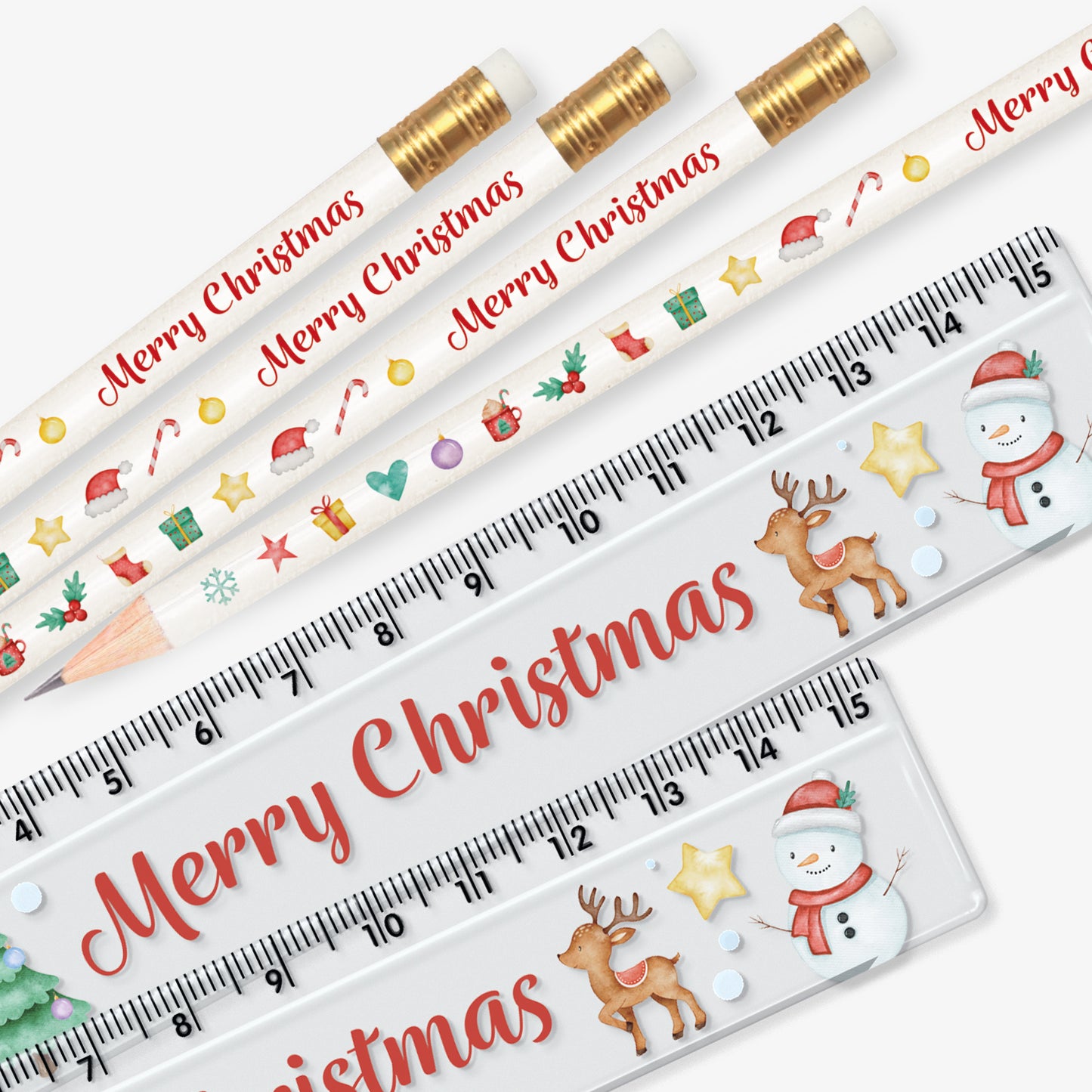 Set of 12 matching pencil and ruler pairs, each featuring a white background with festive characters and icons and script red text reading 'Merry Christmas' along the side.
