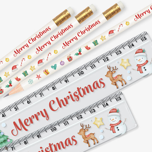 Set of 12 matching pencil and ruler pairs, each featuring a white background with festive characters and icons and script red text reading 'Merry Christmas' along the side.