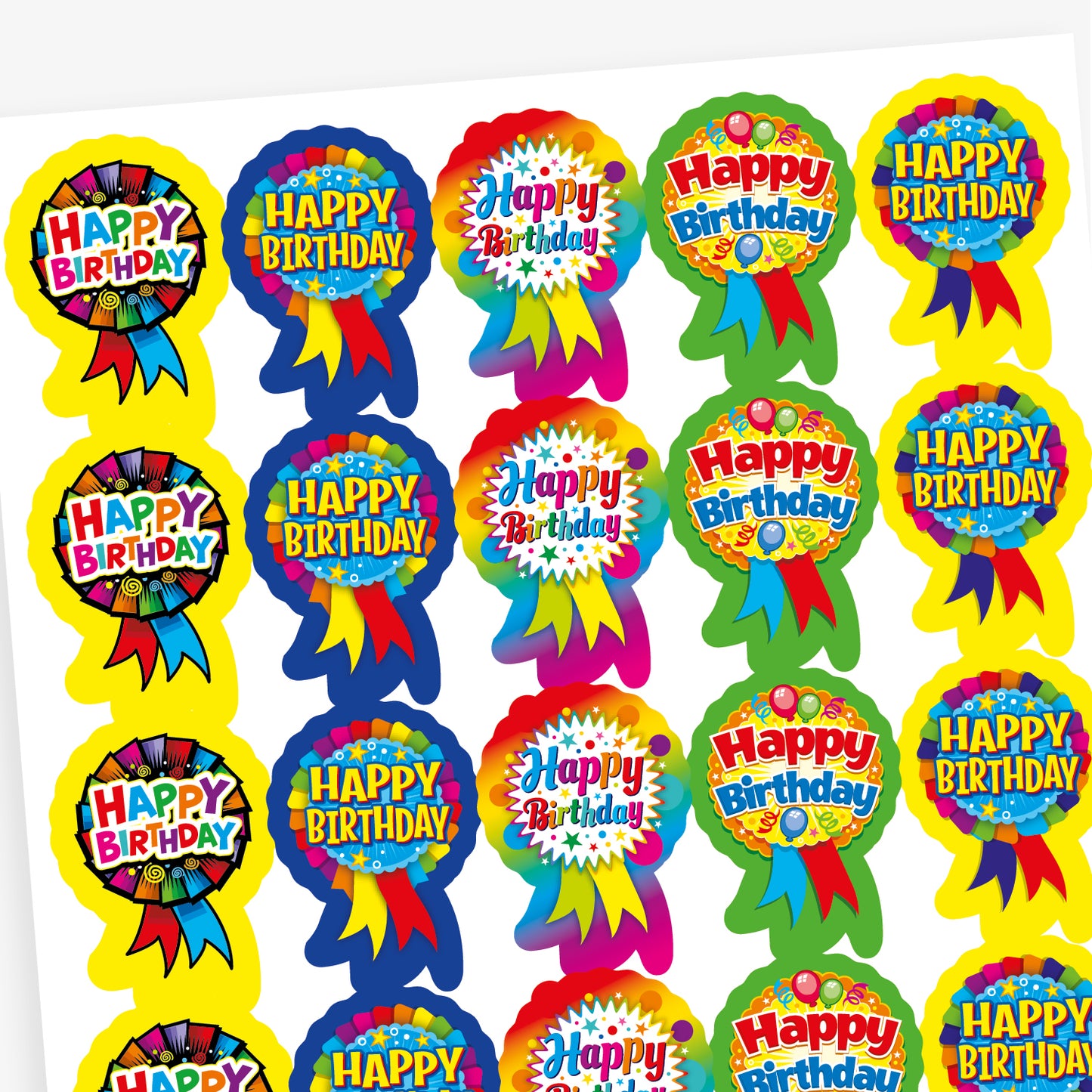 Sheet of colourful birthday stickers featuring rosette-style designs with bold 'Happy Birthday' text. Each sticker includes bright patterns and ribbon elements in various colours such as yellow, blue, red, and rainbow themes.