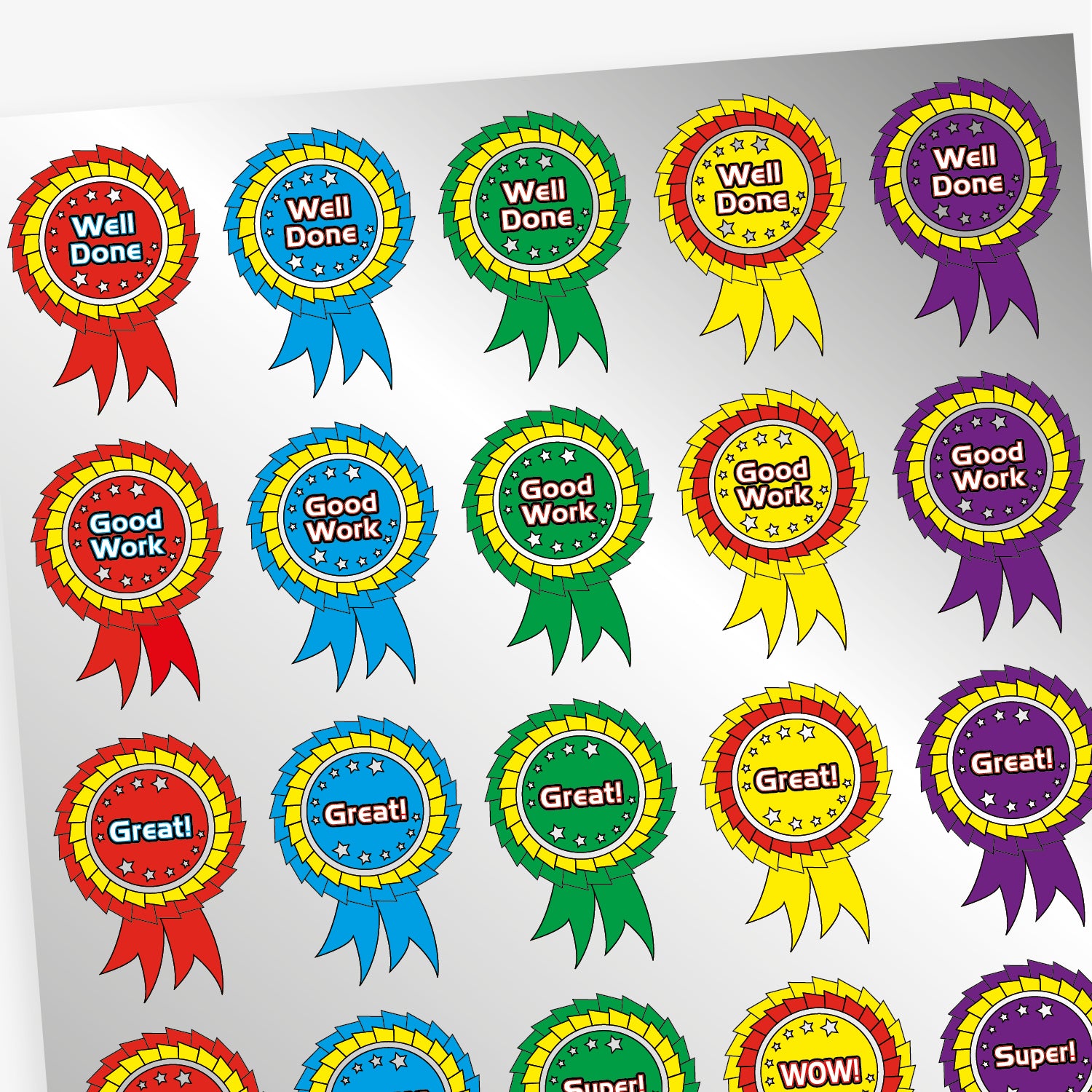 Sheet of rosette reward stickers.  The main rosette is yellow with a red inner ruffle.  The centre of the rosette is yellow with a large '3rd' in white font central to the design with 5 metallic silver stars enclicling the '3rd' above and below.
