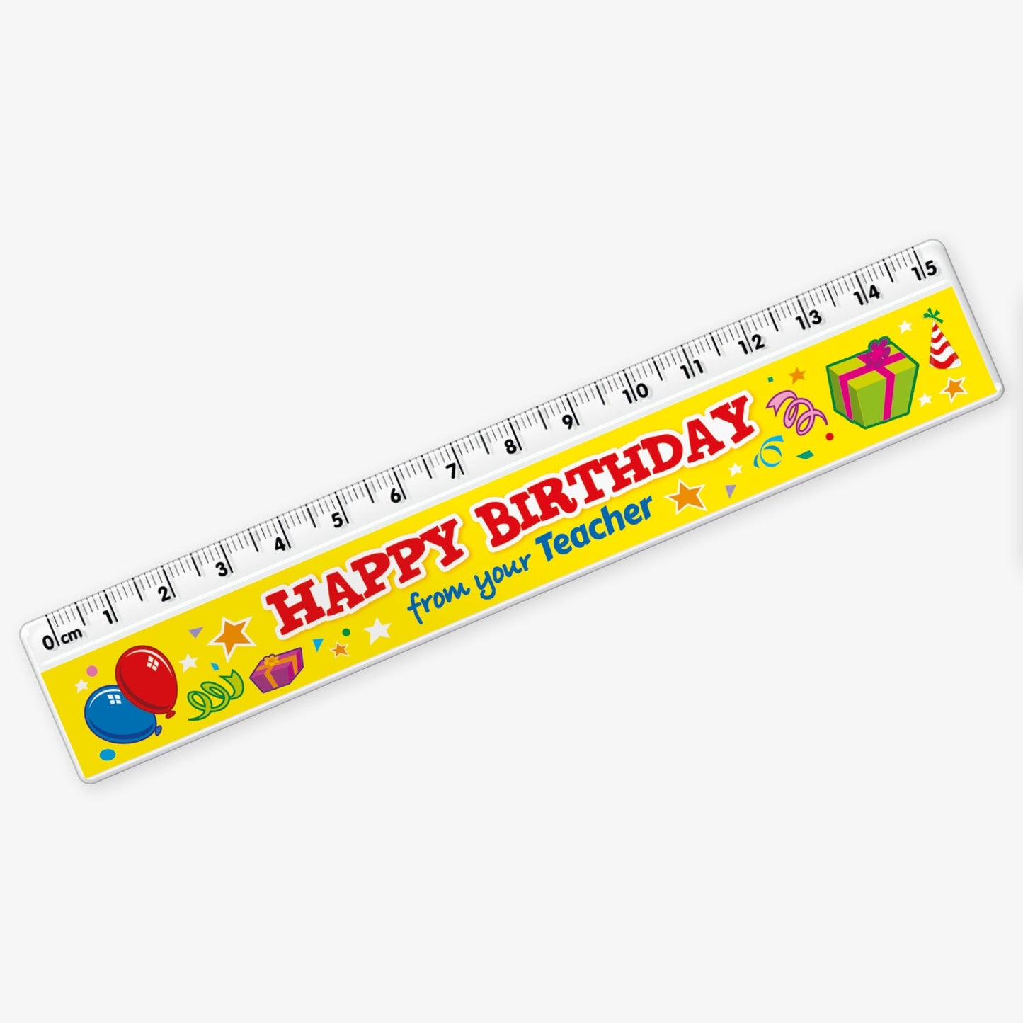 A vibrant yellow ruler with a background of presents and streamers and bold red and blue text reading 'Happy Birthday from your Teacher' in the centre