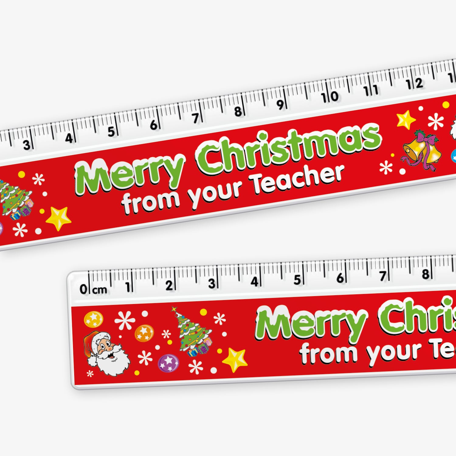 A close up of a red 15cm ruler featuring the phrase 'Merry Christmas' in bold green letters, and underneath in bold whote letters 'from your Teacher' decorated with colourful festive icons like Father Christmas, Christmas tree, present, bells and stars.