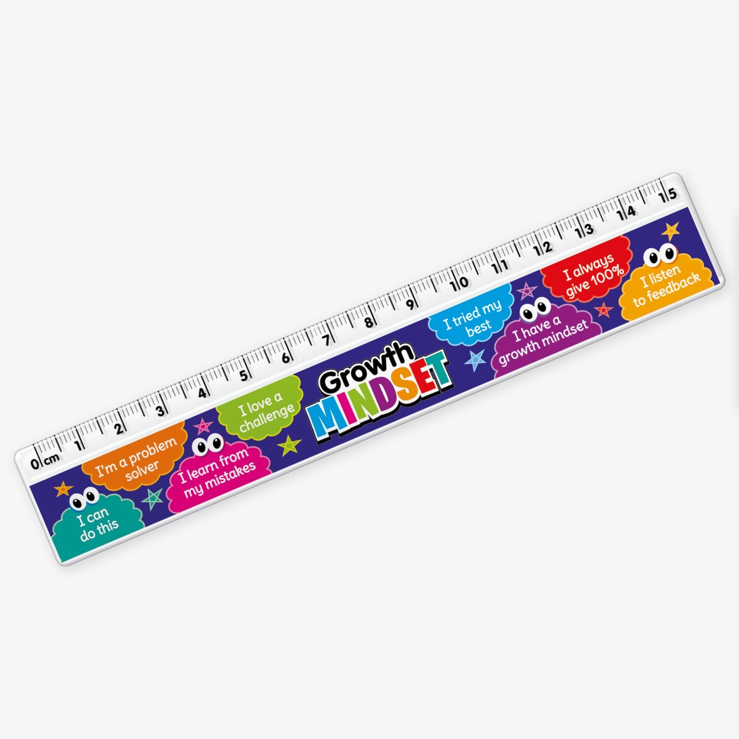 A colourful 15cm ruler with a 'Growth Mindset' theme. Along the bottom edge are motivational phrases in bright speech bubbles, including: 'I can do this', 'I'm a problem solver', 'I love a challenge', 'I learn from my mistakes', 'I tried my best', 'I have a Growth Mindset', 'I always give 100%', and 'I listen to feedback'. The ruler has a a clear measurement scale along the top and a dark blue background with stars and cartoon brains.
