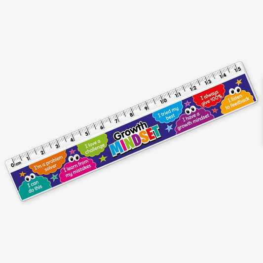 A colourful 15cm ruler with a 'Growth Mindset' theme. Along the bottom edge are motivational phrases in bright speech bubbles, including: 'I can do this', 'I'm a problem solver', 'I love a challenge', 'I learn from my mistakes', 'I tried my best', 'I have a Growth Mindset', 'I always give 100%', and 'I listen to feedback'. The ruler has a a clear measurement scale along the top and a dark blue background with stars and cartoon brains.