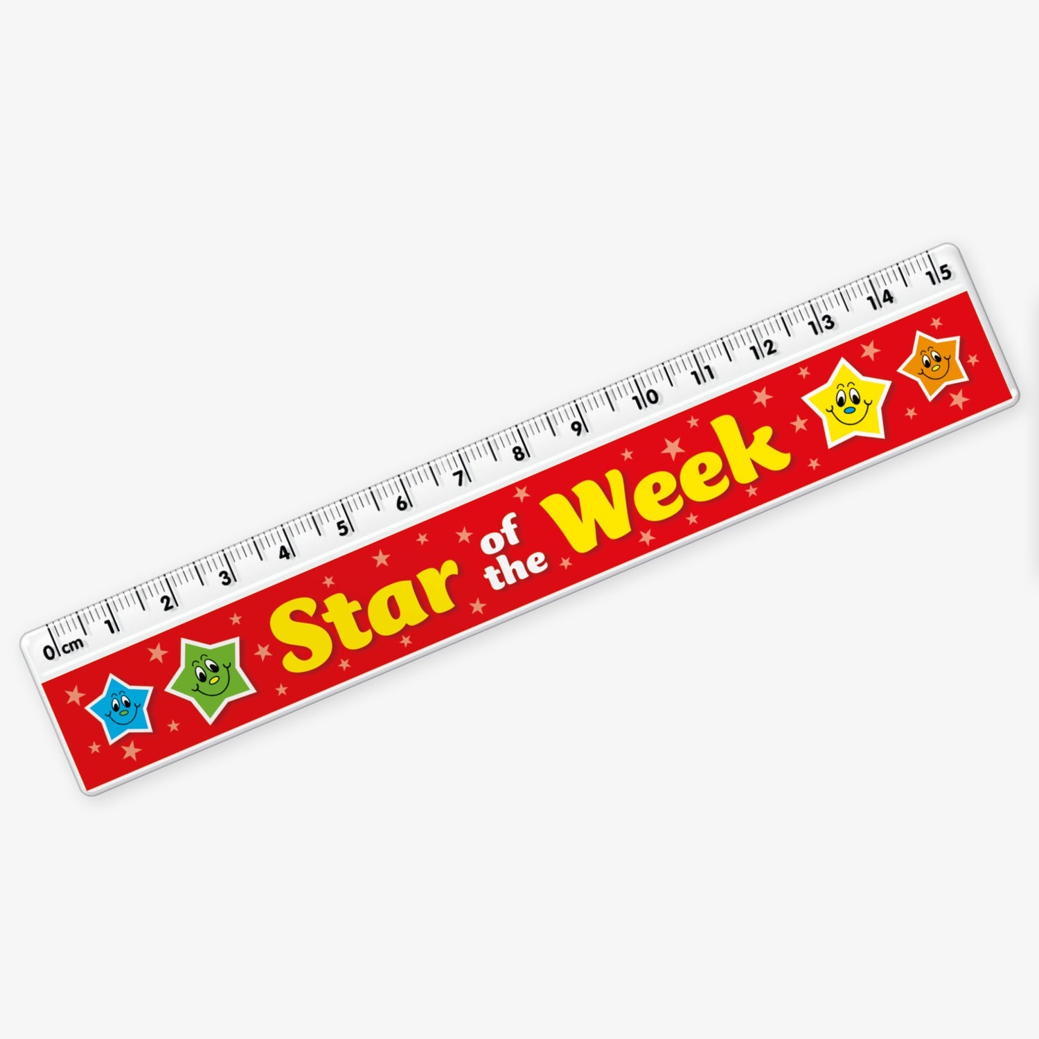 Plastic ruler with a red background and the phrase 'Star of the Week' in bold yellow text. The design features smiling cartoon stars in various colours and a measuring scale along the top edge, marked in centimetres from 0 to 15.