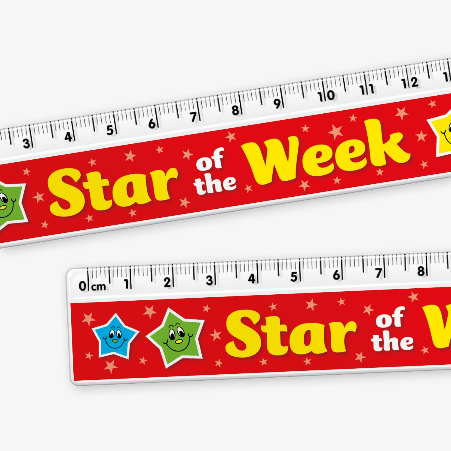 Close up of 15cm plastic ruler with a red background and the phrase 'Star of the Week' in bold yellow text. The design features smiling cartoon stars in various colours and a measuring scale along the top edge.