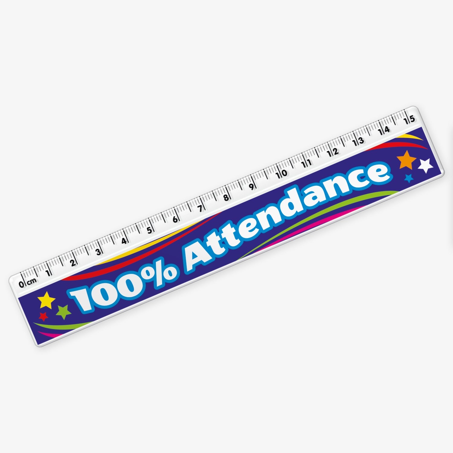 A 15cm plastic ruler featuring a vibrant design with the phrase '100% Attendance' in bold white text on a blue background, adorned with colourful stars and rainbow accents; designed as a reward for pupils achieving perfect attendance in educational settings.