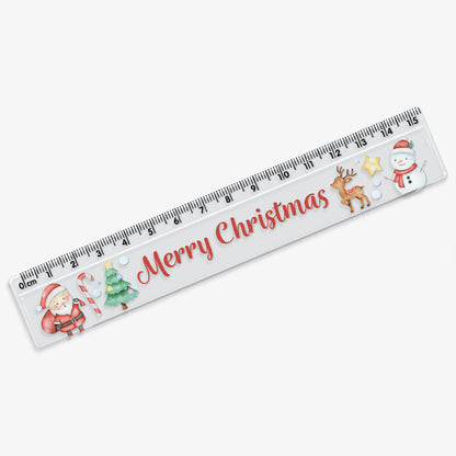 A transparent 15cm ruler featuring the phrase 'Merry Christmas' in bold red script, decorated with classical festive characters: Father Christmas, Christmas tree, Reindeer, Snowman, candy cane and star.