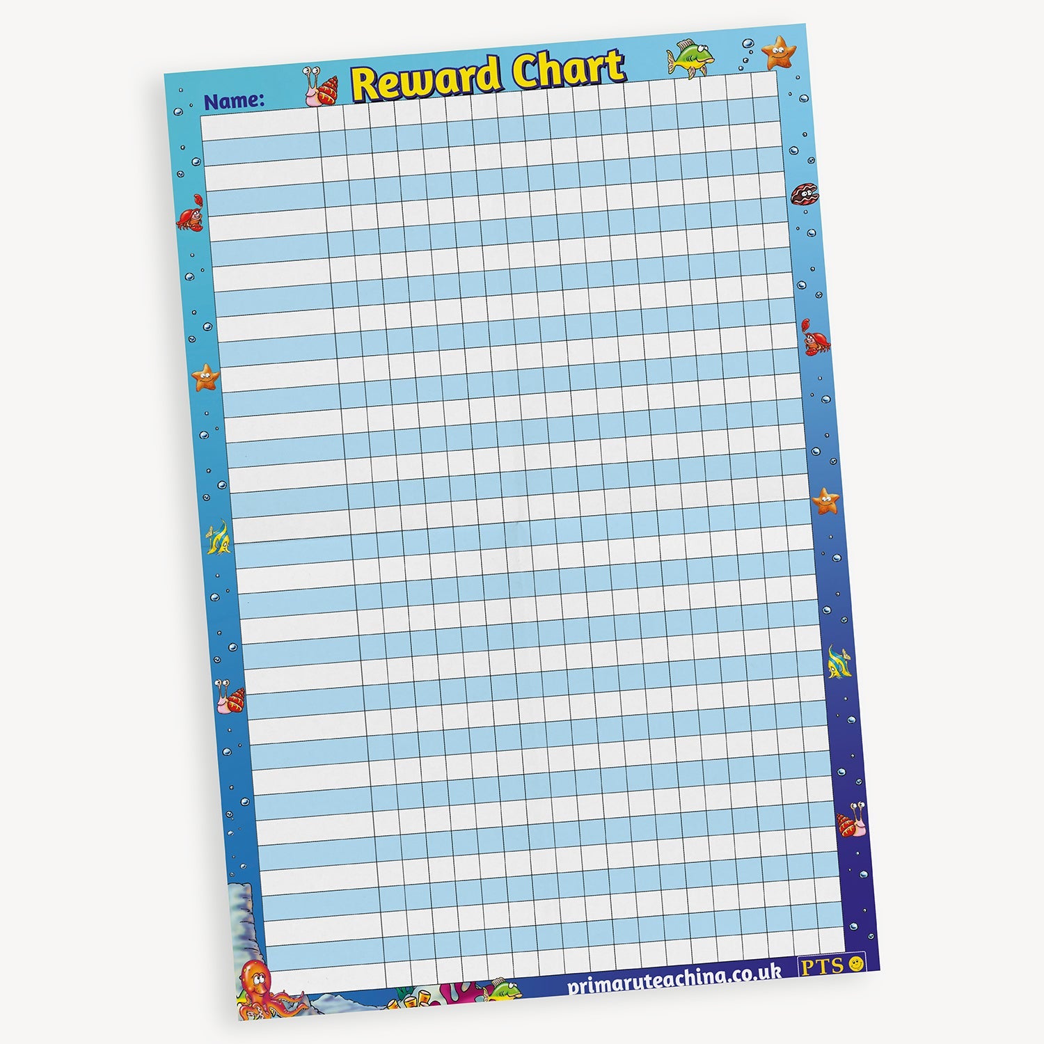 Reward chart with a underwater theme featuring fish and starfish. The chart has a grid layout with alternating light blue and white rows for writing pupil names and tracking progress or achievements.