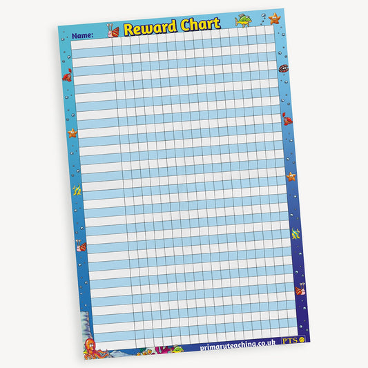 Reward chart with a underwater theme featuring fish and starfish. The chart has a grid layout with alternating light blue and white rows for writing pupil names and tracking progress or achievements.