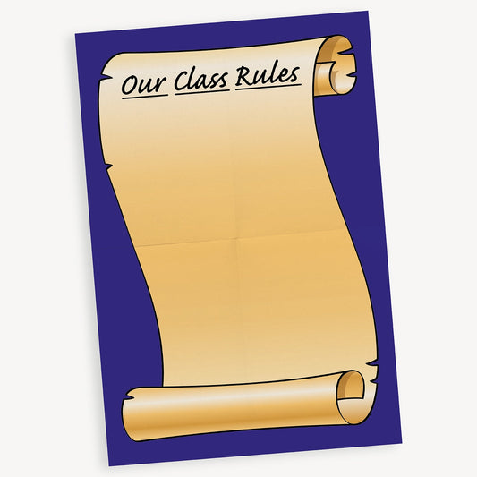 A classroom poster with a dark blue background featuring a large illustrated scroll in the centre. At the top of the scroll, in a script-style font, the heading reads 'Our Class Rules'. The rest of the scroll is blank, intended for writing custom classroom rules.