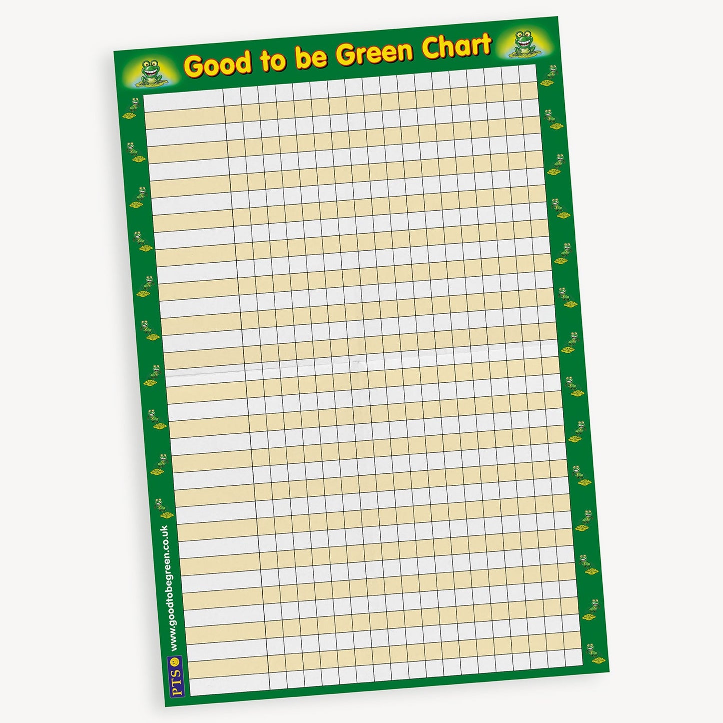 'Good to be Green Chart' with a green border featuring small frog illustrations. The chart is laid out in a grid format with columns and rows for tracking names, dates, or behaviour entries. The title is in bold yellow text at the top, flanked by cartoon frogs.