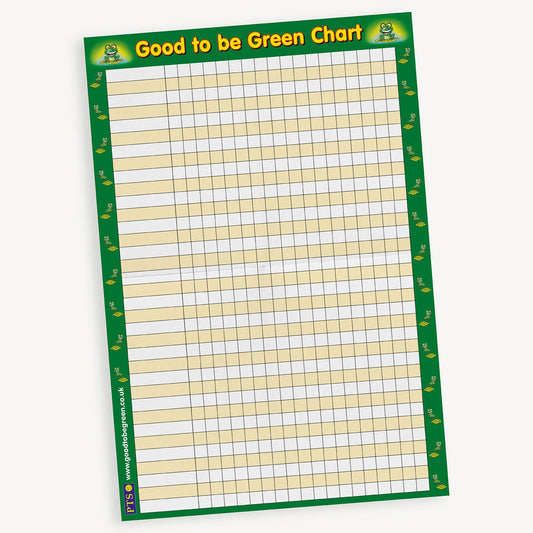 'Good to be Green Chart' with a green border featuring small frog illustrations. The chart is laid out in a grid format with columns and rows for tracking names, dates, or behaviour entries. The title is in bold yellow text at the top, flanked by cartoon frogs.