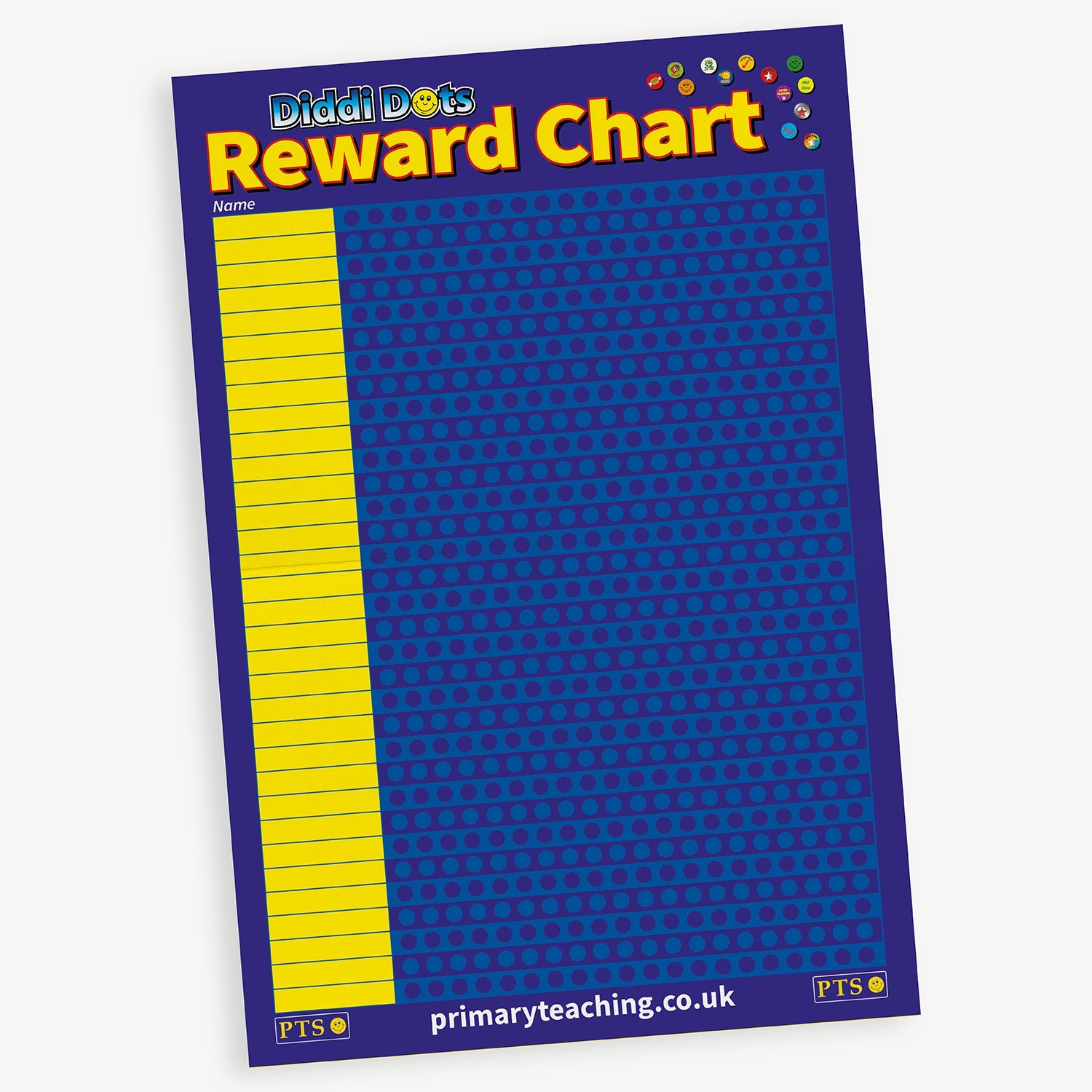 A2 Wallchart with a dark blue background and the title 'Diddi Dots Reward Chart' in blue and yellow writing and a selection of 10mm cicular stickers in the top right corner.  Below is a list in a yellow text box where up to 32 names can be written; next to each name are 20 circular spaces where a Diddi Dot 10mm sticker can be collected.