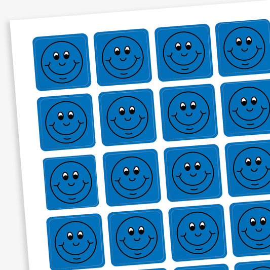 A sheet of 140 square 16mm reward stickers, each featuring a black outline of a smiling comical face, set against a vibrant blue background.