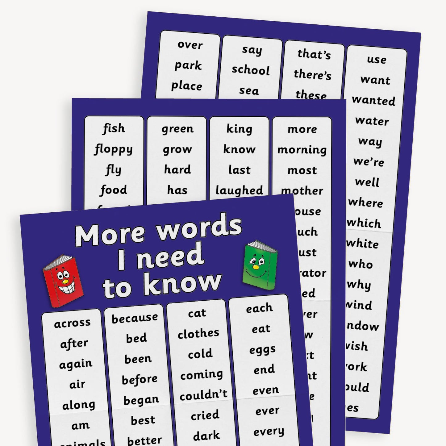 3 blue A2 portrait posters overlaying each other featuring the phrase 'More words I need to know' in bold white lettering.  There are four white columns on each poster containing over 150 high frequency key words words such as 'across', 'wanted', 'morning' and 'floppy'.