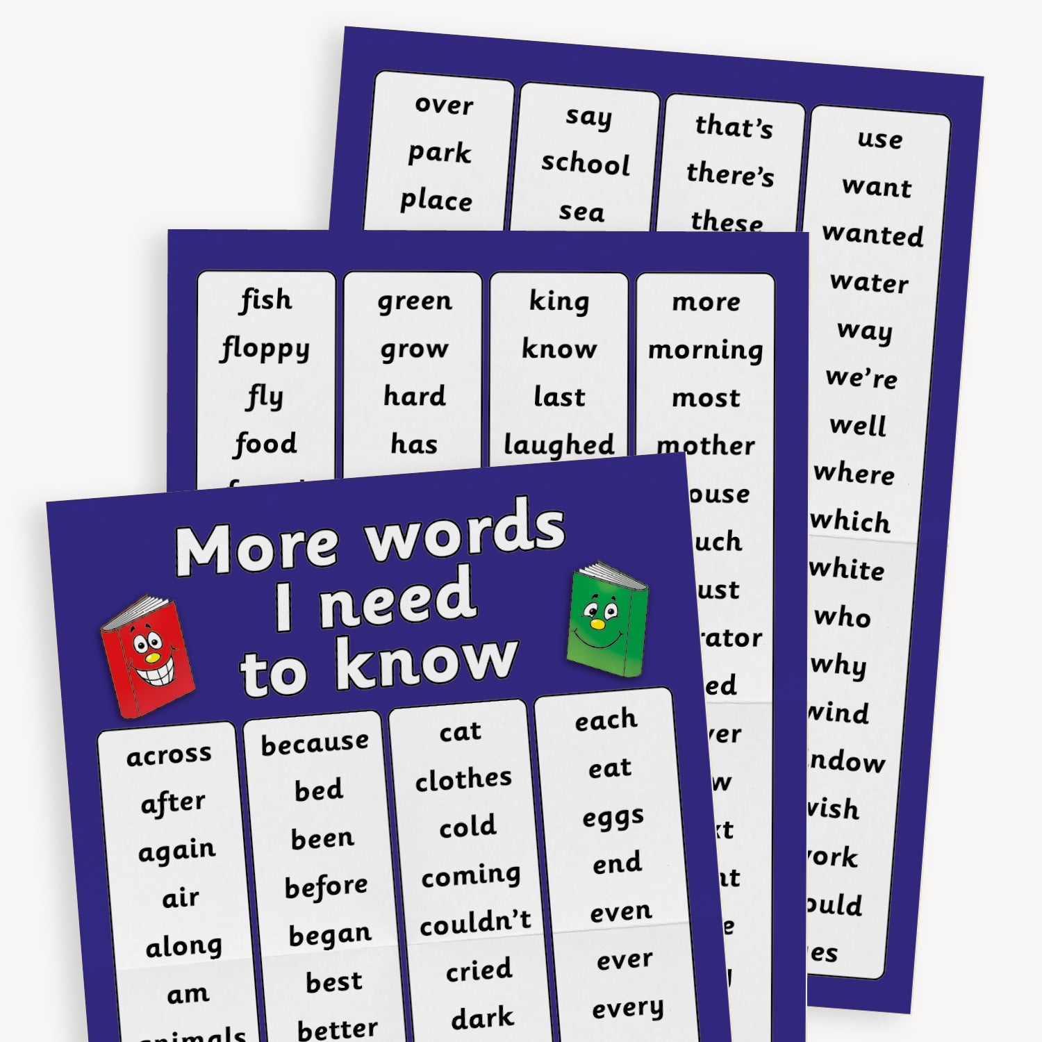 3 blue A2 portrait posters overlaying each other featuring the phrase 'More words I need to know' in bold white lettering.  There are four white columns on each poster containing over 150 high frequency key words words such as 'across', 'wanted', 'morning' and 'floppy'.