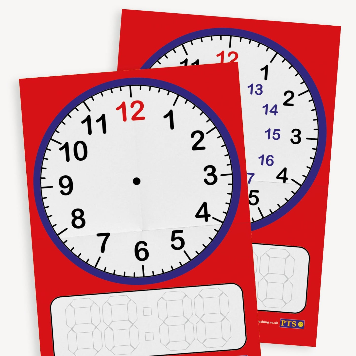 2 sided poster - both with a red background and a large analogue clock covering 3/4 of the space, with a digital clock space at the bottom for showing the time in both ways.