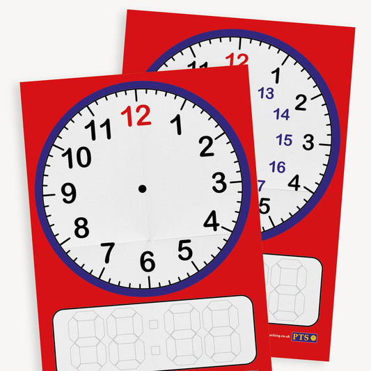 2 sided poster - both with a red background and a large analogue clock covering 3/4 of the space, with a digital clock space at the bottom for showing the time in both ways.