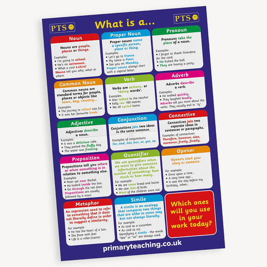 A2-sized educational poster, focusing on a different grammar topic including common noun, proper noun, pronoun and verb. Each poster features a colourful background with bold headings, clear definitions, and illustrative examples designed to support literacy learning