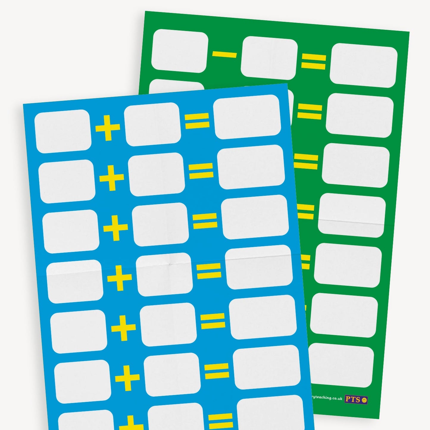 Two brightly coloured educational maths posters. A cyan poster focuses on addition and has rows with a plus symbol and blank boxes for students to fill in equations. A green poster focuses on subtraction similarly formatted with minus symbols and empty boxes for practice problems.