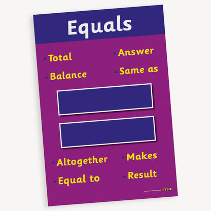 A2 poster with a purple background.  The top has a title 'Equals' in white text on a deeper purple band and a central = sign.  The poster displays alternative words such as 'Balance', 'Altogether', 'Answer' and 'Result'.