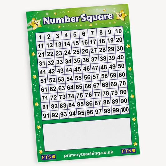 A colourful educational chart titled 'Number Square' with a green star-themed border. It displays a grid of numbers from 1 to 100 in rows of ten. A blank white box is featured below the number grid for writing or additional activities.