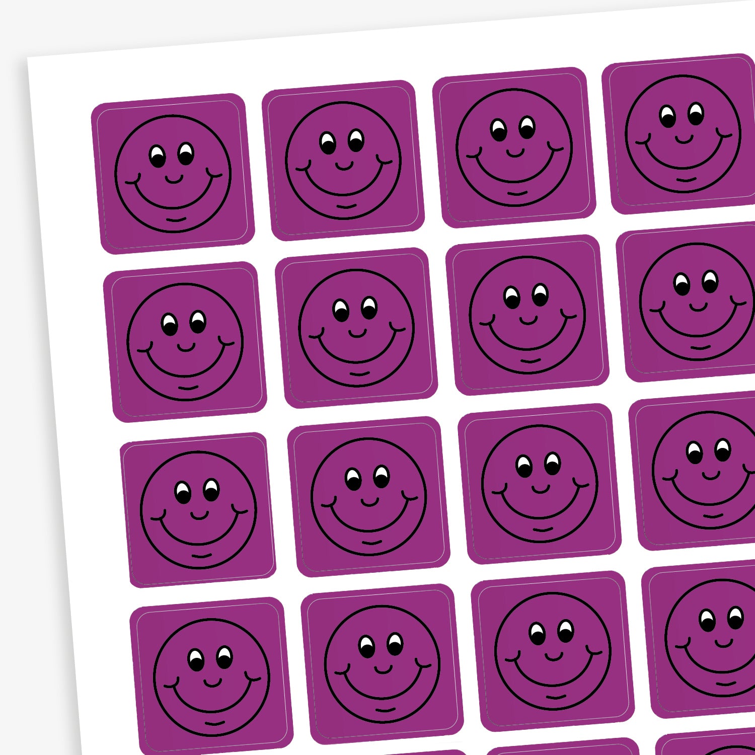 A sheet of 140 square 16mm reward stickers, each featuring a black outline of a smiling comical face, set against a vibrant purple background.