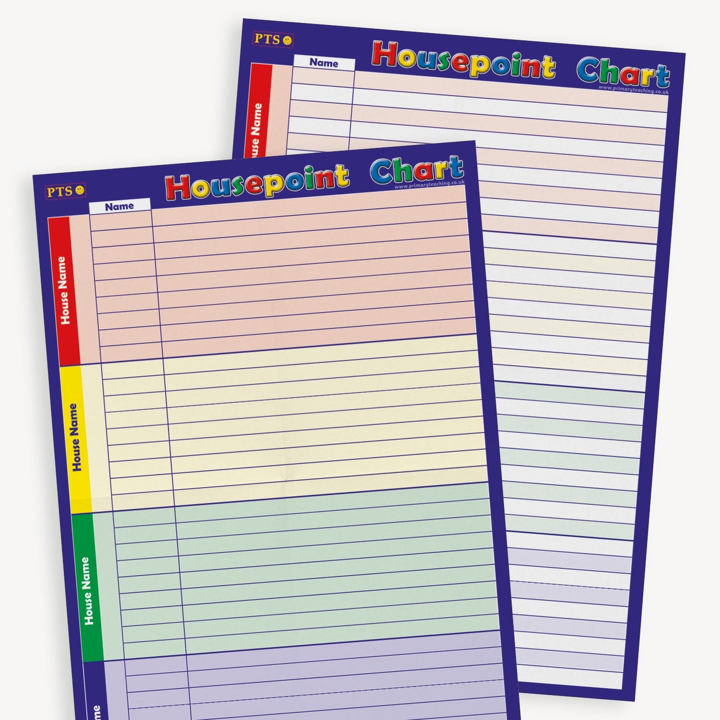 Two brightly coloured 'Housepoint Chart' posters designed for classroom use. Each chart features a grid layout with a rainbow-striped background, divided into red, yellow, green, and blue sections corresponding to different house teams. The left-hand column lists the house names, while the top row allows space to write pupil names. The border is dark blue, and the title 'Housepoint Chart' is written in a colourful, playful font at the top.
