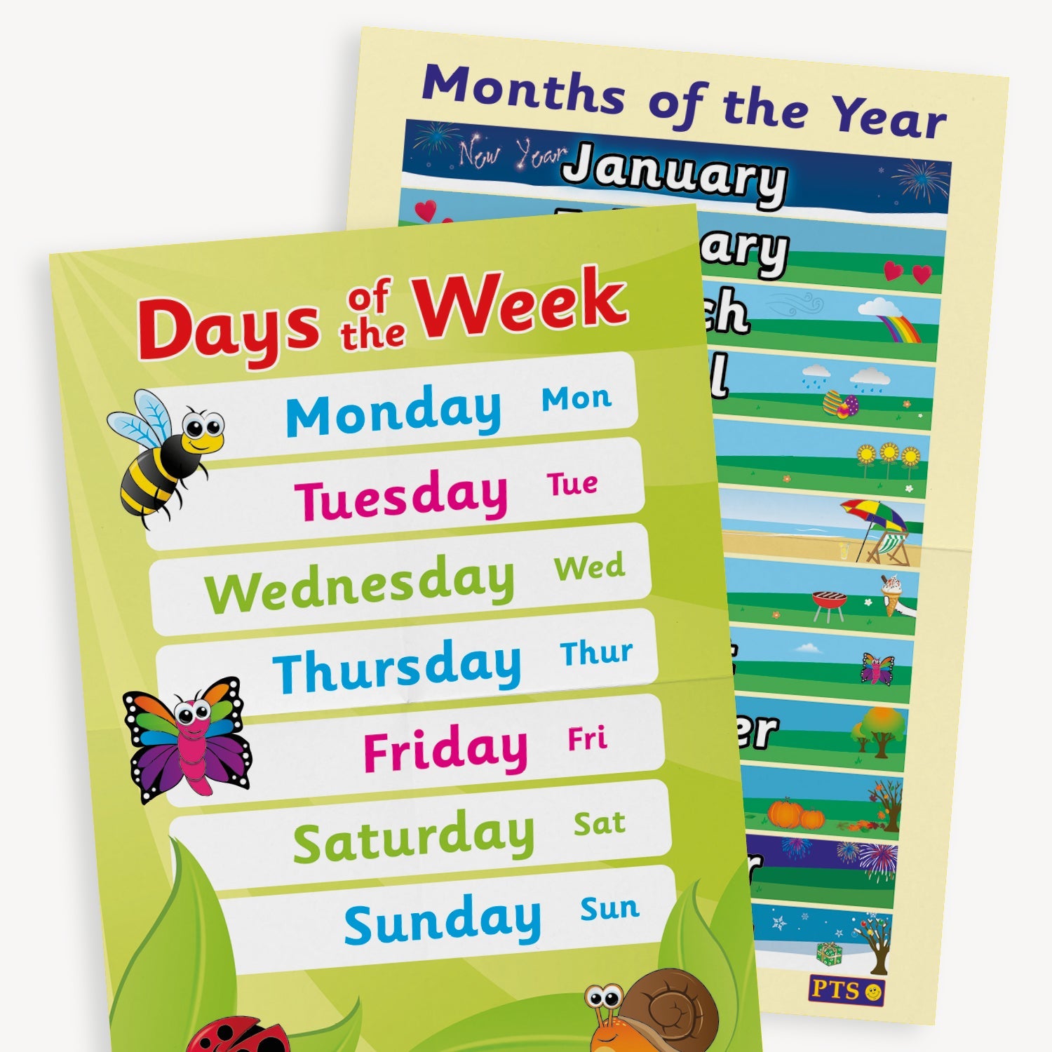 Two bright educational posters for early learners. The front poster, titled 'Days of the Week', lists each day in bold colours with abbreviations: Monday to Sunday. It features cartoon insects like a bee, butterfly, ladybird, and snail. The second poster, 'Months of the Year', lists all twelve months with seasonal illustrations next to each—such as snowflakes for winter and sun for summer.