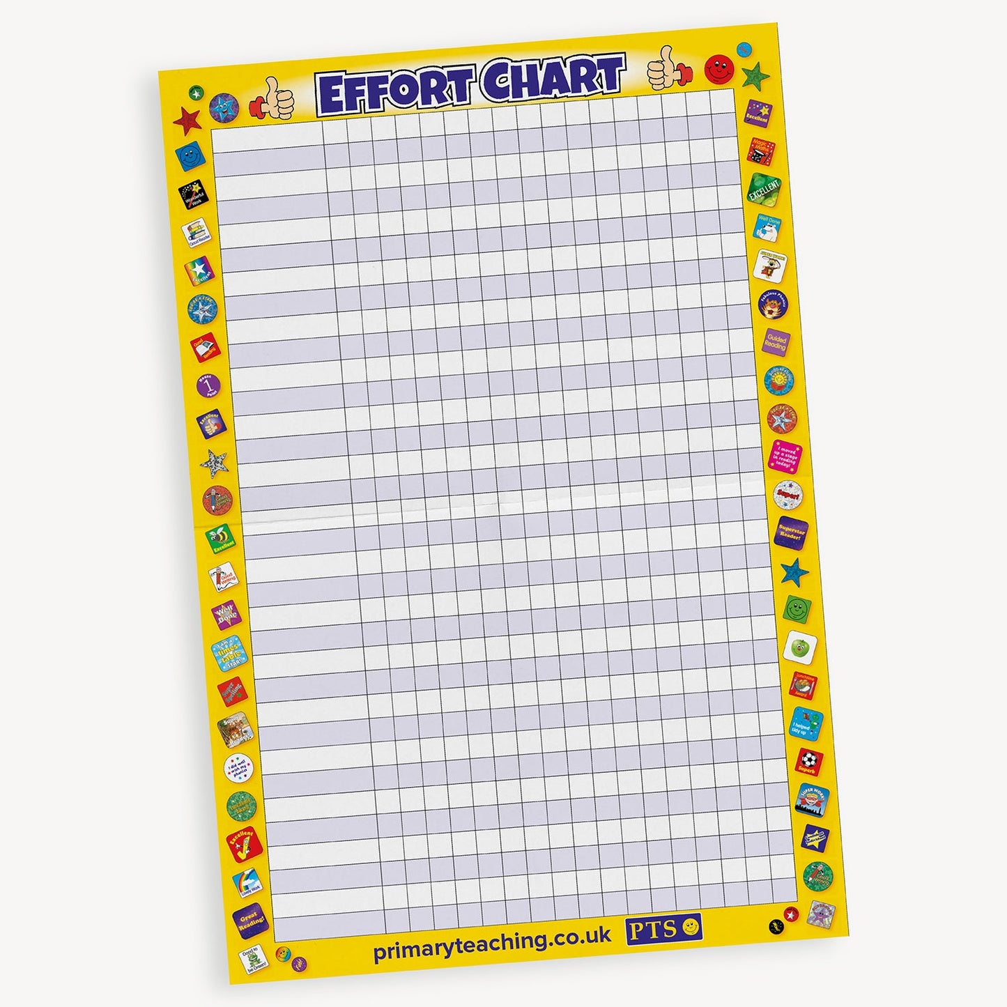 Yellow 'Effort Chart' with a range of sticker images around the outside. The chart has a grid layout with alternating light grey and white rows for writing pupil names and tracking progress or achievements.