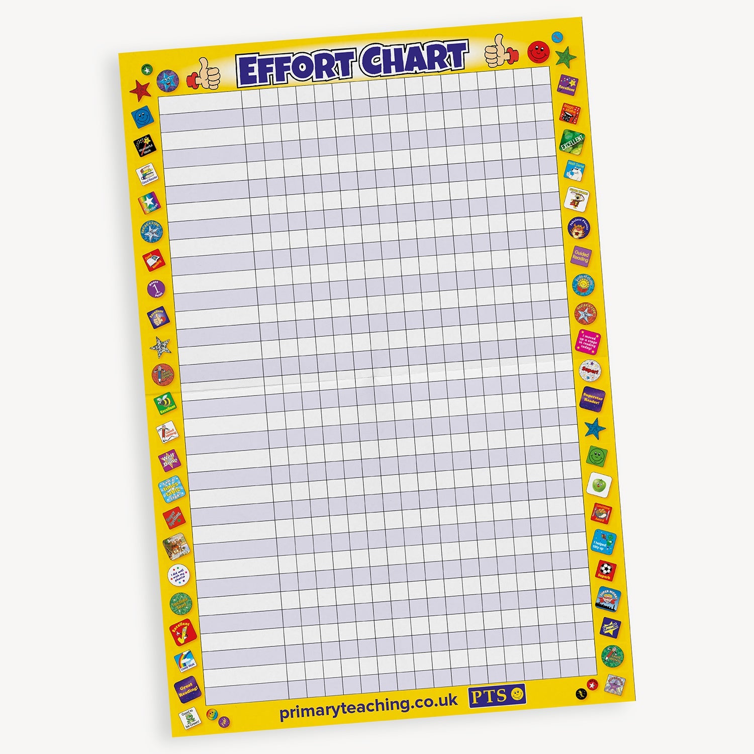 Yellow 'Effort Chart' with a range of sticker images around the outside. The chart has a grid layout with alternating light grey and white rows for writing pupil names and tracking progress or achievements.