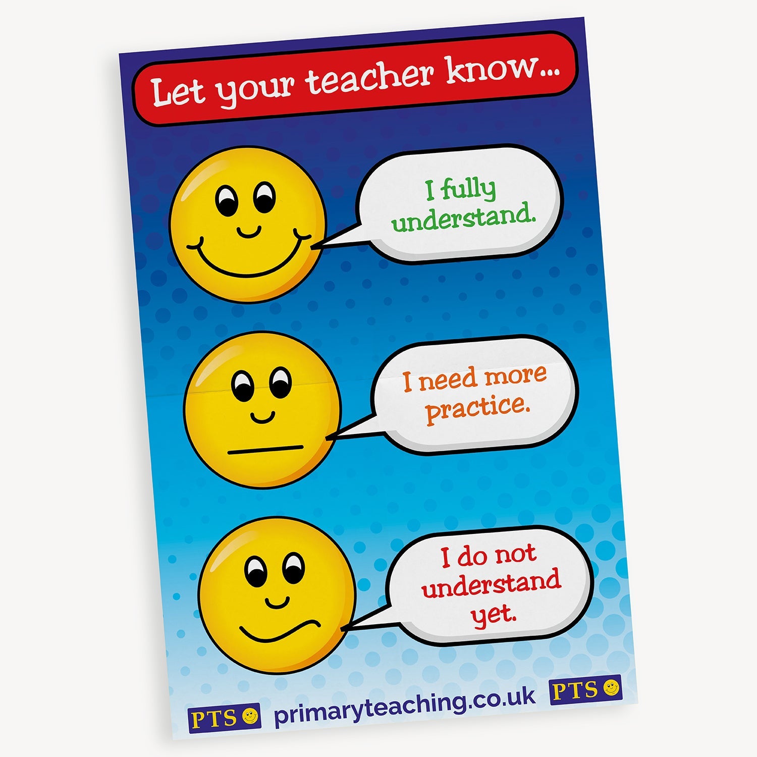 A classroom poster titled 'Let your teacher know...' featuring three yellow smiley faces with different expressions to indicate levels of understanding. The happy face says 'I fully understand.', the neutral face says 'I need more practice.', and the sad face says 'I do not understand yet.' Set against a blue gradient background, the poster is designed to help pupils communicate their learning confidence.