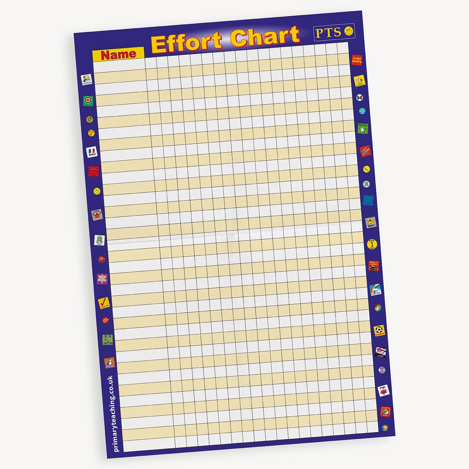 Blue 'Effort Chart' with a range of sticker images around the outside. The chart has a grid layout with alternating light yellow and white rows for writing pupil names and tracking progress or achievements.
