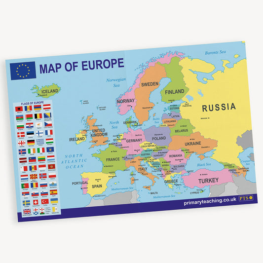 Educational map of the Europe featuring countries in different colours with labels for major nations and oceans. Includes title 'Map of Europe' and a section with 'Flags of Europe'.