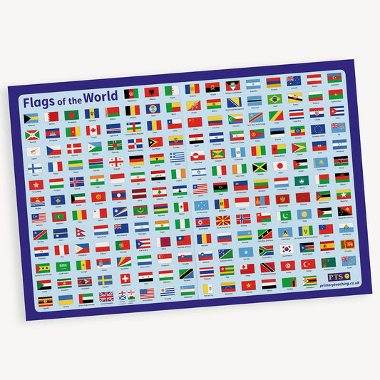 An educational wall posters showing 'Flags of the World' 