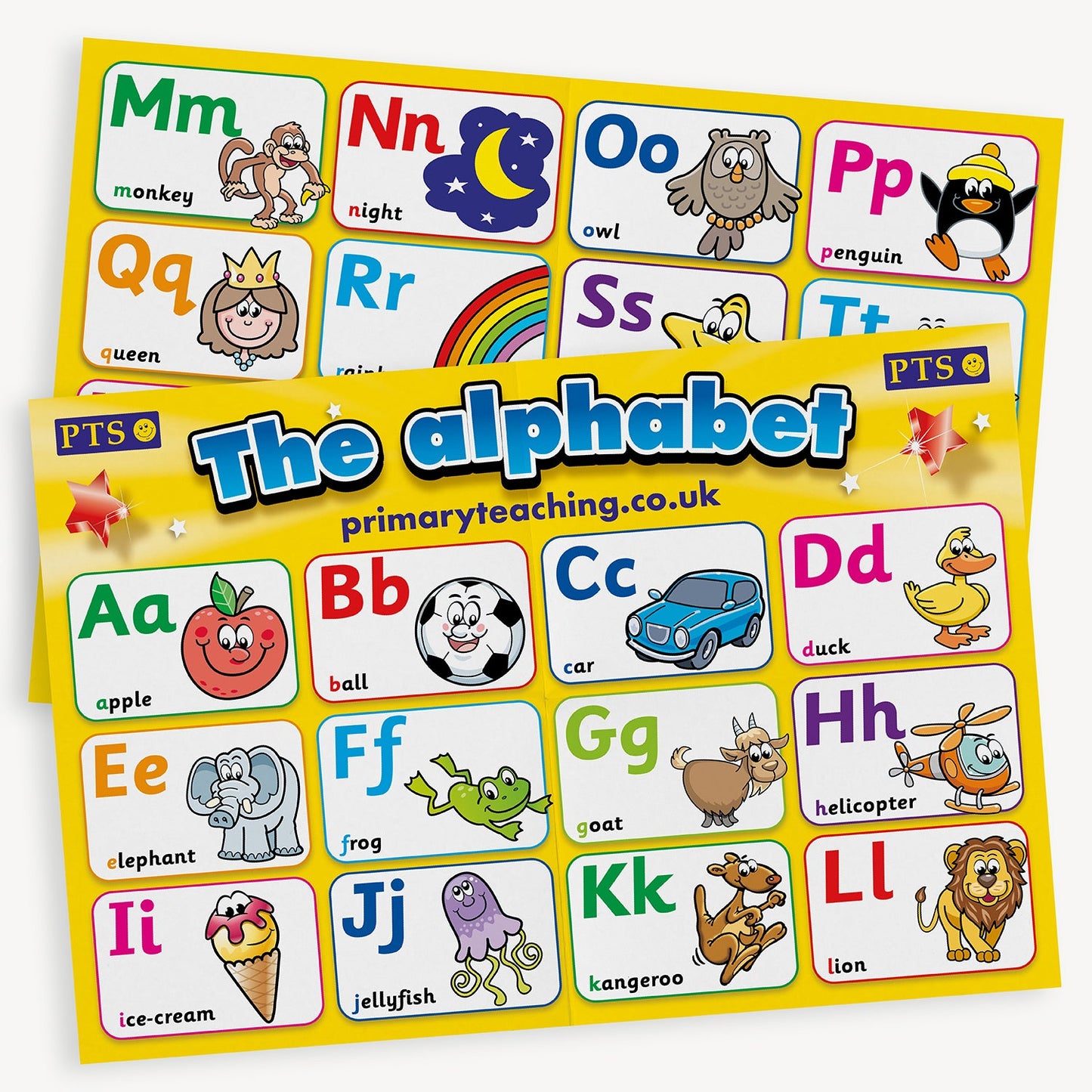 2 vibrant yellow A2 landscape posters overlaying each other with the phrase 'The alphabet' in bold blue text as a header.  The top poster shows 12 boxes with images with corresponding word representing letters Aa through to Ll.  The second poster is partly shown to be featuring the remaining letters af the alphabet.  Letters are shown in both capitals and small letters.