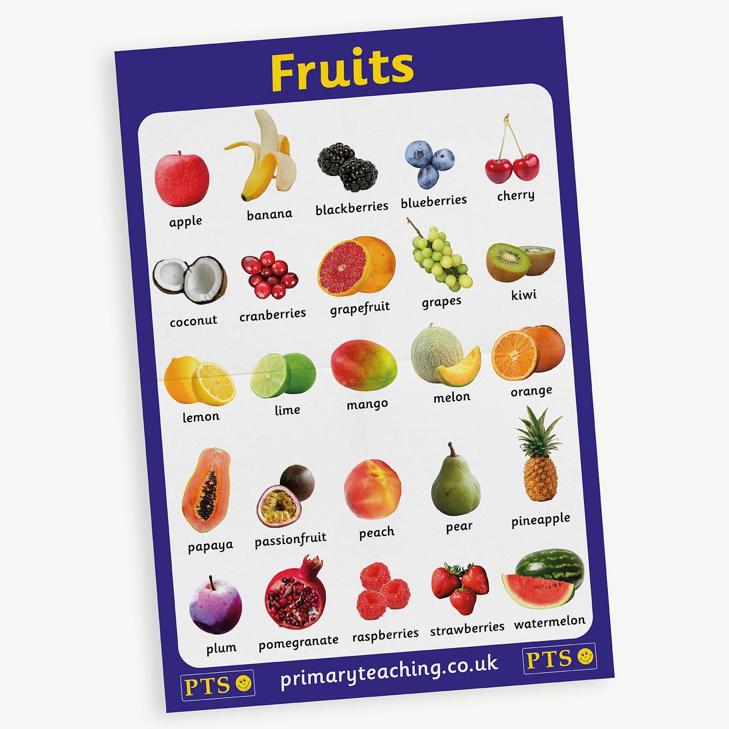 A poster titled 'Fruits', displaying 26 different fruits with corresponding labels. The fruits include: apple, banana, blackberries, blueberries, cherry, coconut, cranberries, grapefruit, melon, orange, papaya, passionfruit, peach, pear, pineapple, plum, strawberries, and watermelon. Each fruit is illustrated with a realistic image and arranged in rows on a white background with a purple border.