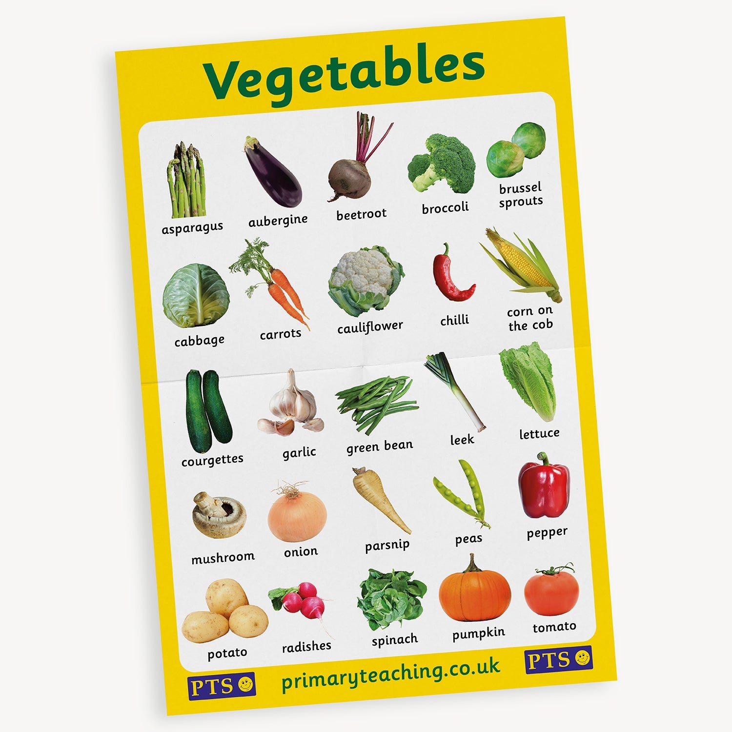 White A2 poster with a vibrant yellow border and the header 'Vegetables'; showing 25 images of different vegetables with their name underneath such as mushrooms, brussel sprounts and pumpkin.