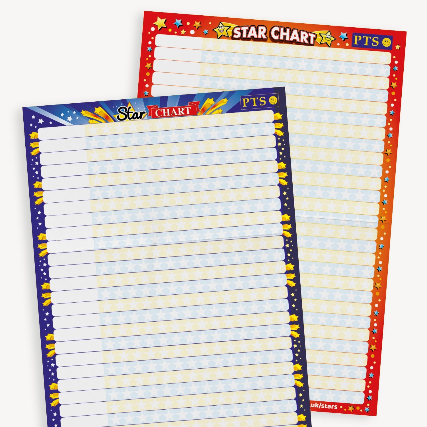 Double sided 'Star Chart' blue with star bursts on one side and red with various stars on the other side. The chart has a grid layout with alternating light blue and light yellow rows for writing pupil names and tracking progress or achievements with star shaped sticker spaces..
