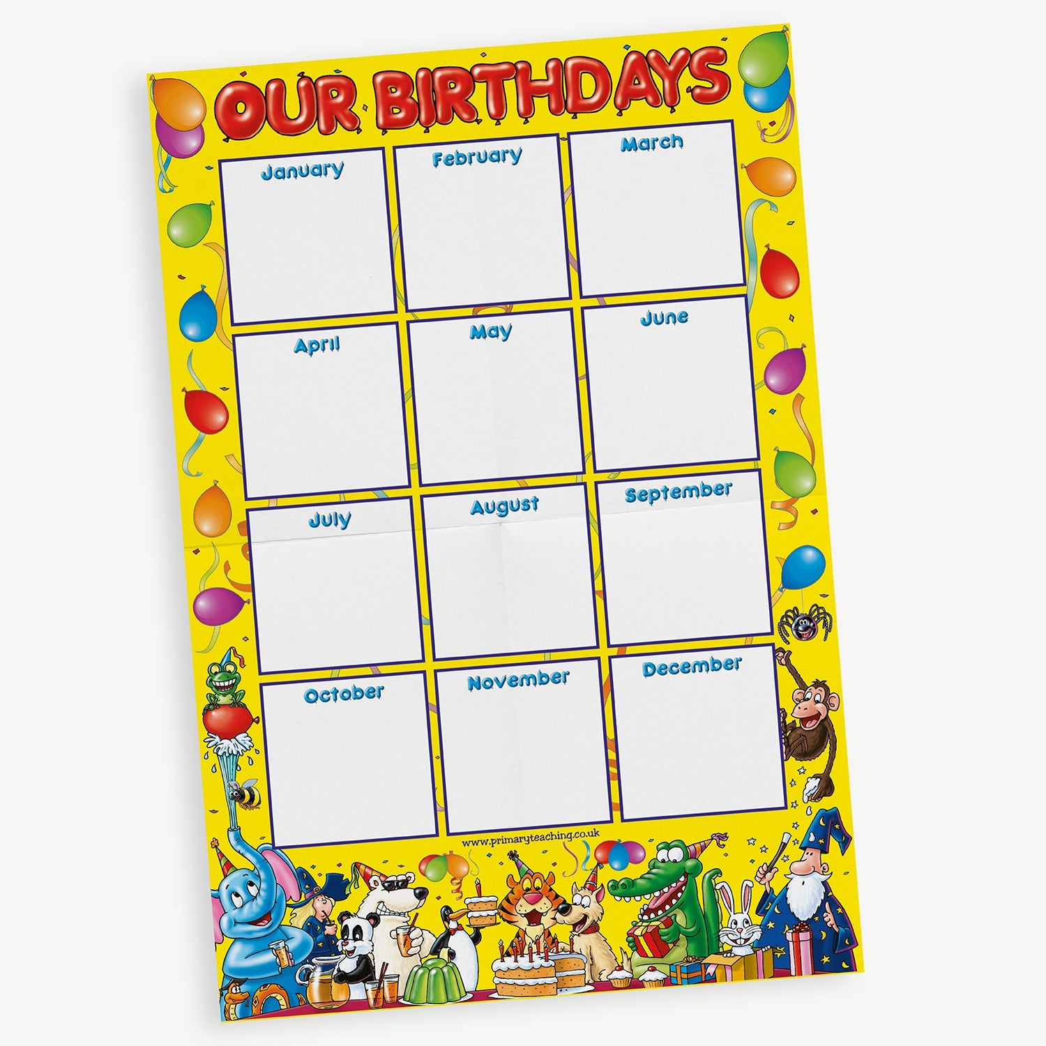 A colourful classroom birthday chart titled 'Our Birthdays' with boxes for each month to record pupils' birthdays. The chart has a yellow background decorated with balloons and smiley faces. 