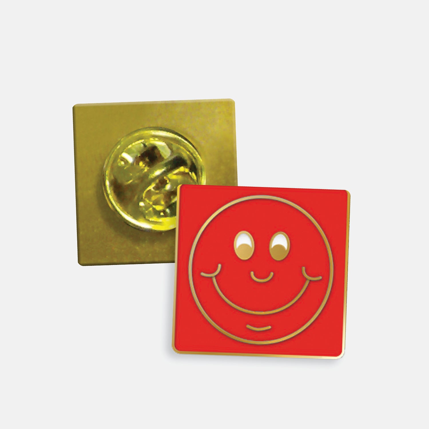 Red enamel square badge with a gold smiling face as it's design. The reverse side shows a gold back with a butterflyfastening