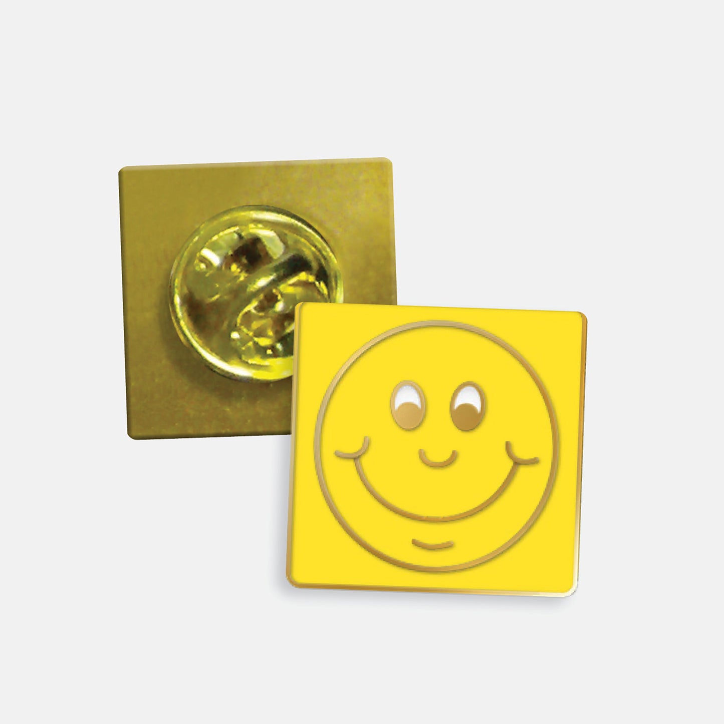 Yellow enamel square badge with a gold smiling face as it's design. The reverse side shows a gold back with a butterflyfastening