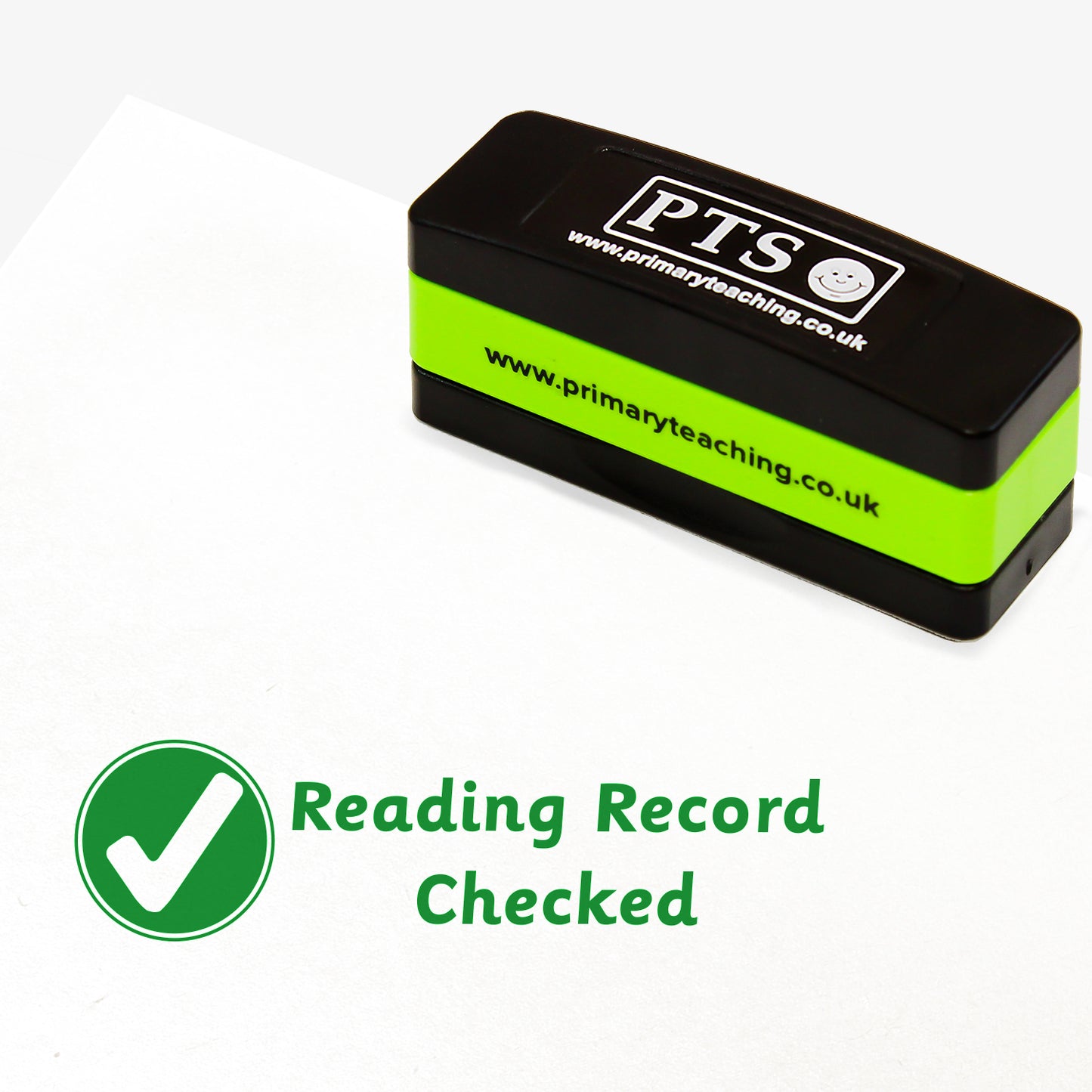 Rectangular self-inking stamper measuring 44mm by 13mm, featuring a green impression of a white bold tick within a green circle, alongside the phrase 'Reading Record Checked'