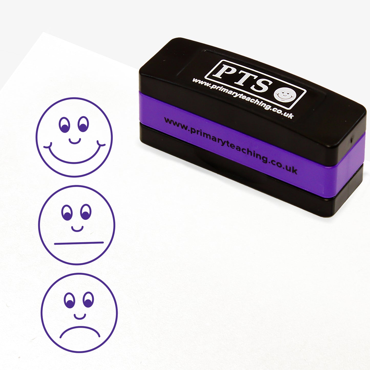 Rectangular self-inking, stackable stamper 44mm x 13mm with purple ink, featuring a vertical image of 3 faces - top one smiling, middle one with a non committal face and the bottom one with a sad face.
