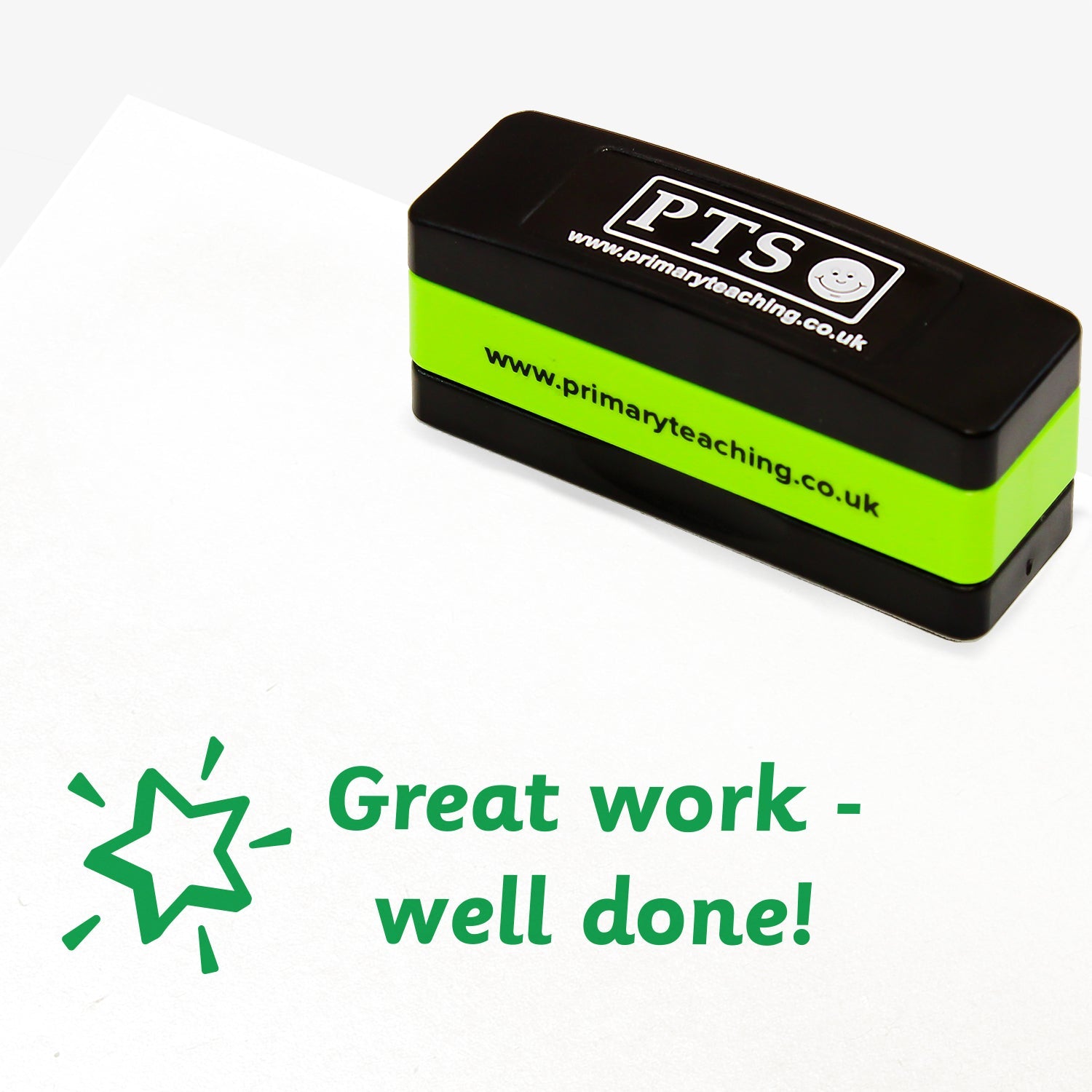 44mm x 13mm self-inking stamper featuring the phrase 'Great work - well done!' in bold green letters nexts to an illustration of a shining star.