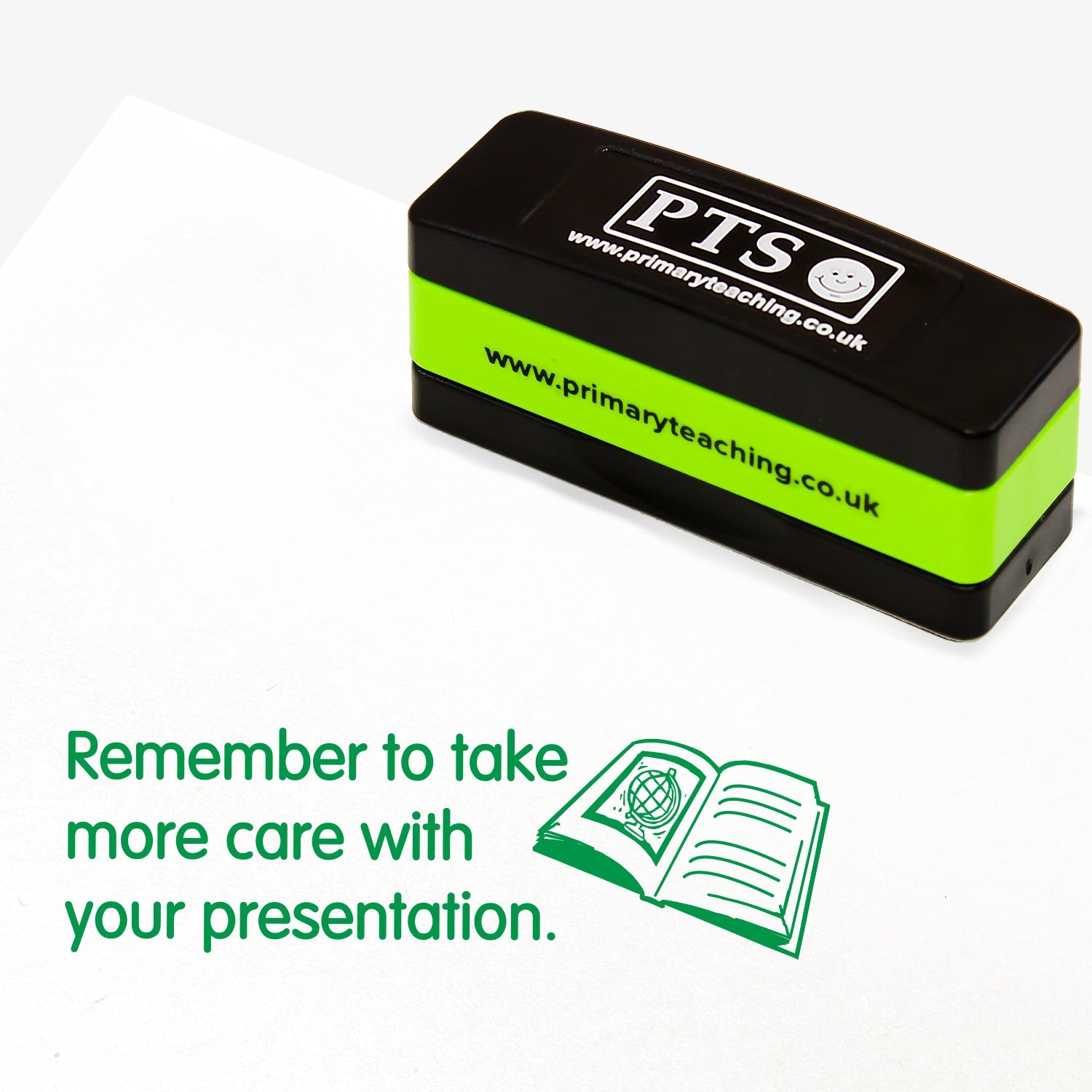 Rectangular self-inking, stackable stamper 44mm x 13mm with green ink, featuring the phrase 'Remember to take care with your presentation' followed by an open book with a globe on one page and lines on the other.