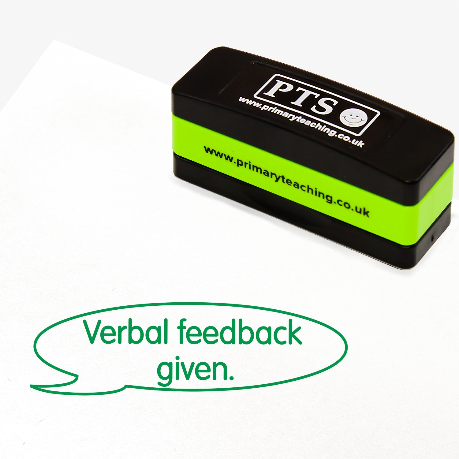Rectangular self-inking, stackable, stamper 44mm x 13mm with green ink, featuring a speech bubble with the text 'Verbal feedback given.' central to it