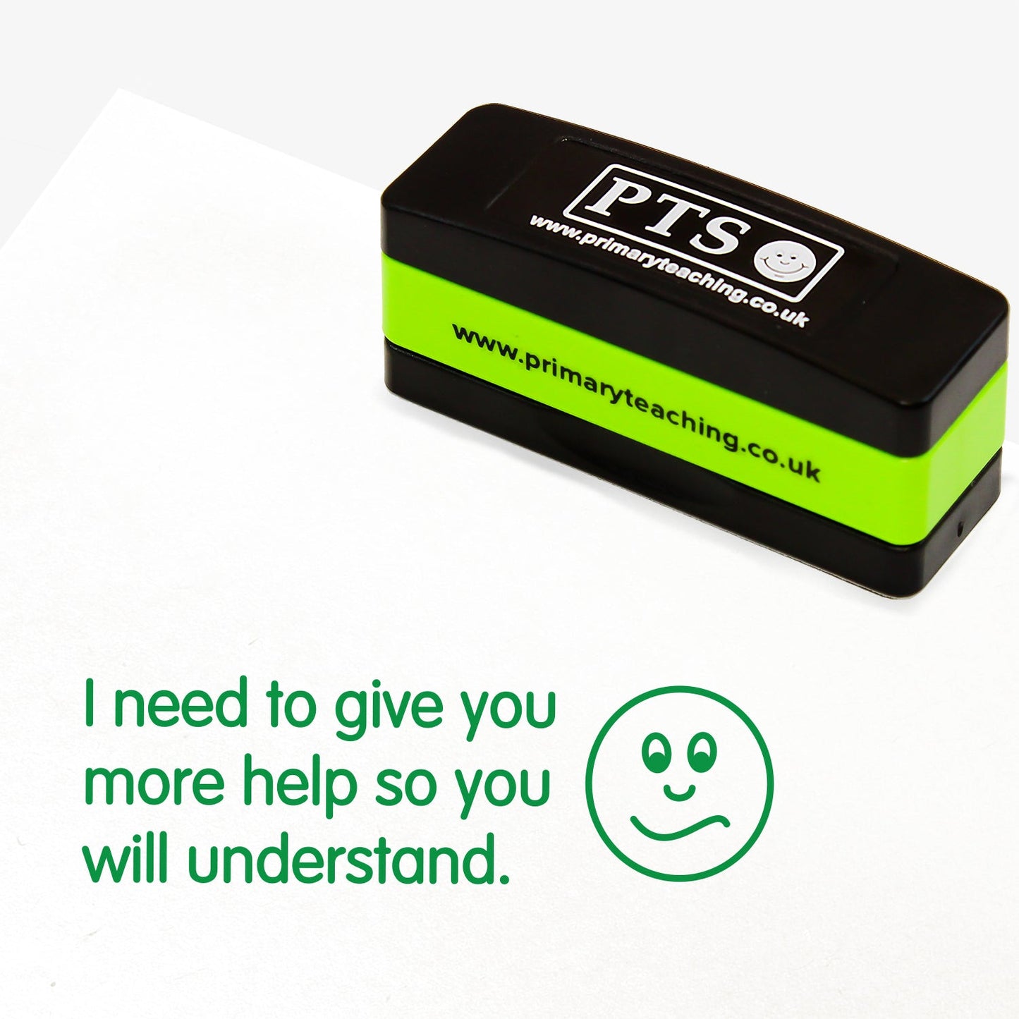 44mm x 13mm self-inking stamper featuring the phrase 'I need to give you more help so you will understand.' in bold green letters nexts to an illustration of a confused face.