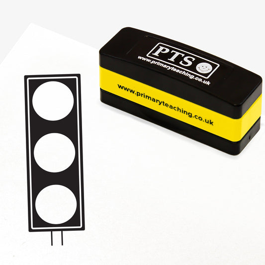 Rectangular self-inking, stackable stamper 44mm x 13mm with black ink, featuring a black and white vertical impression of traffic lights